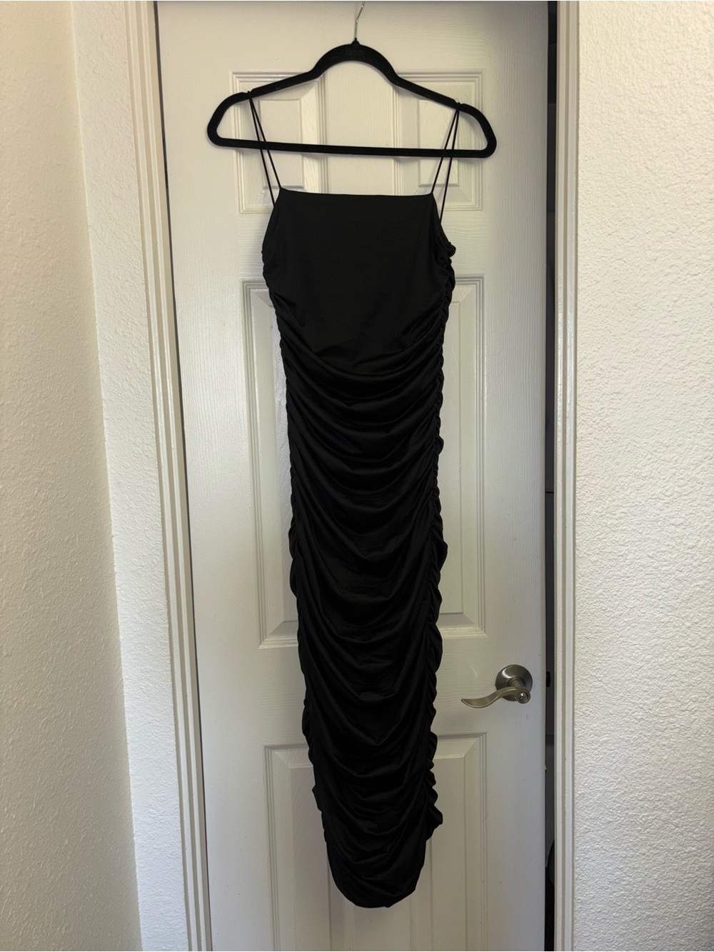 Black Ruched Maxi Slip Dress with Spaghetti Straps